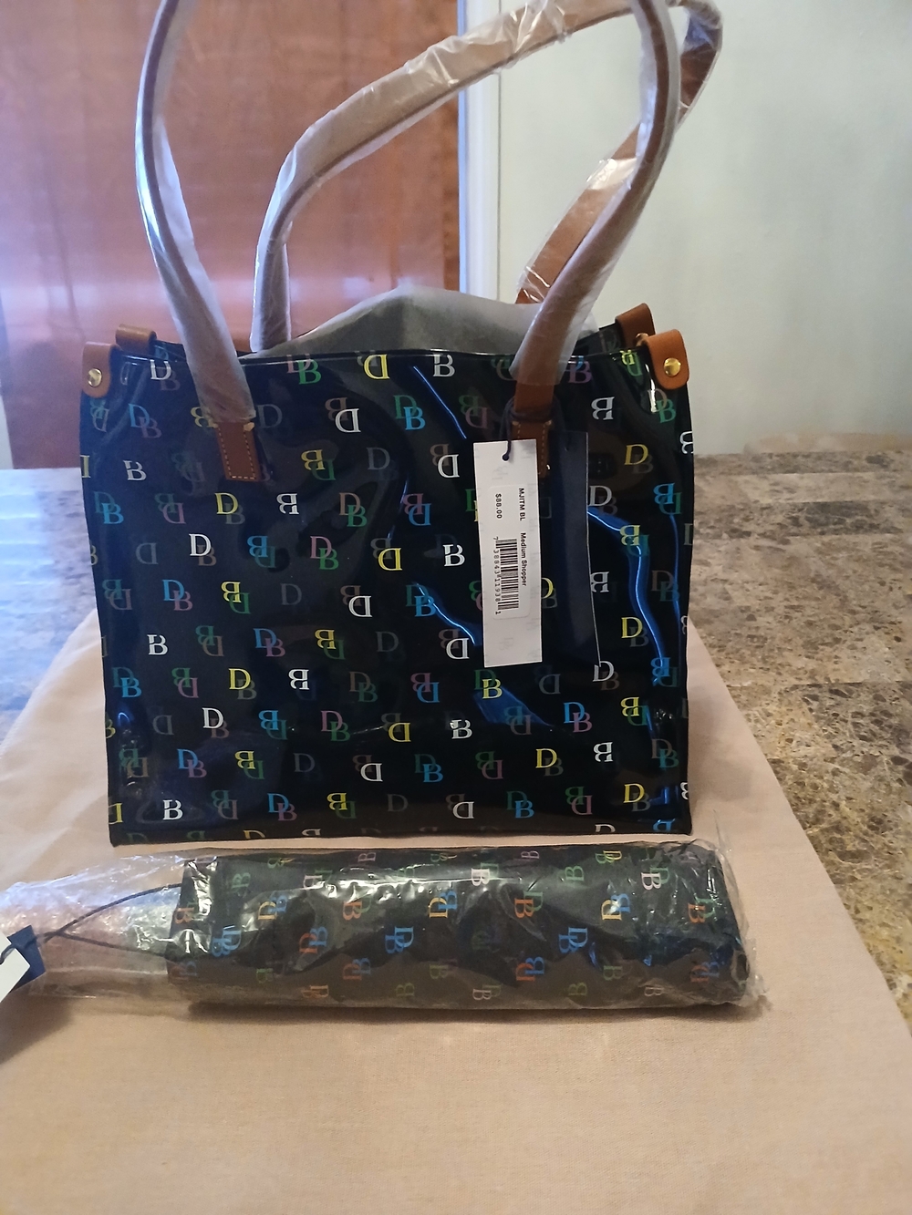 Dooney & Bourke Black Multicolor DB Logo Tote with Matching Umbrella